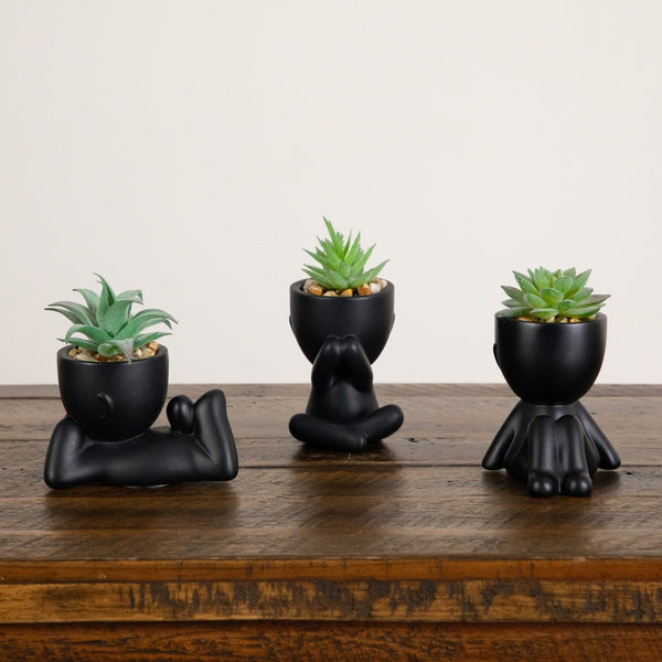 5" Artificial Succulent Plants in Plyaful Decorative Black Planters - Set of 3