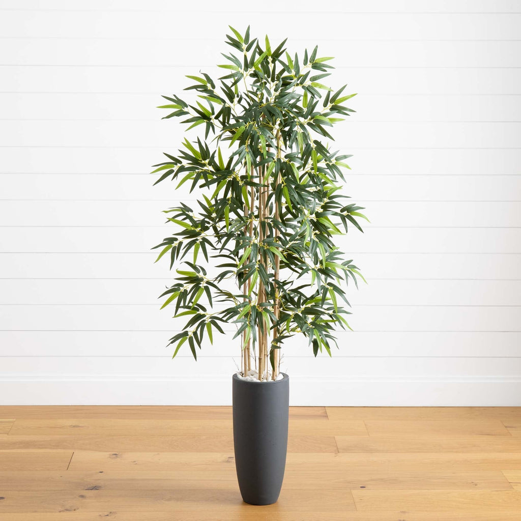 Nearly Natural 5 ft. Bamboo Tree in Gray Cylinder Planter
