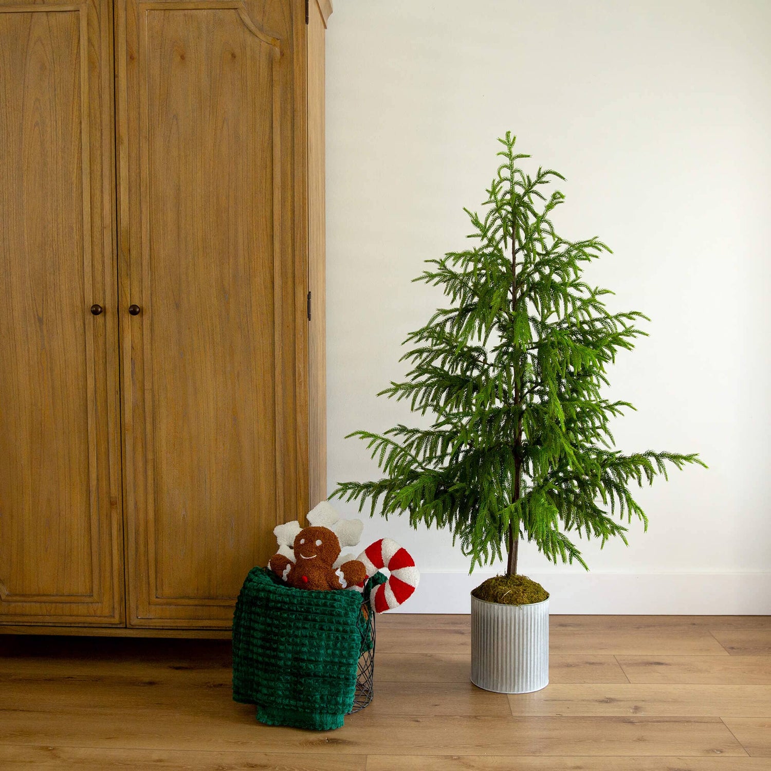 5' Artificial Real Touch Norfolk Island Pine in Metal Tin Planter with Natural Look
