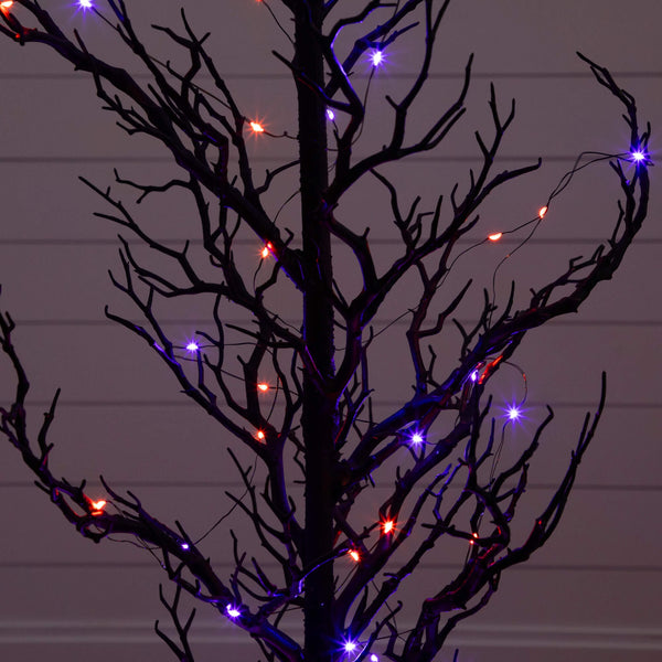 5' Pre-Lit Artificial Halloween Black Spooky Twig Tree with 200 Orange & Purple Copper Wire String LED Lights