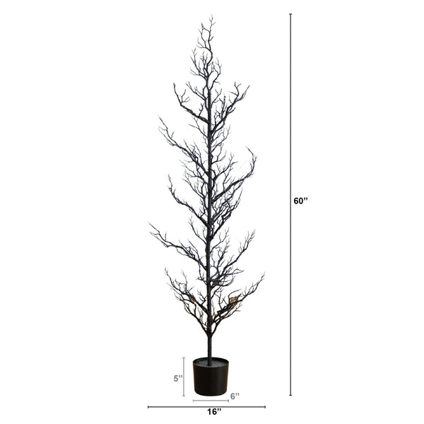 5' Pre-Lit Artificial Halloween Black Spooky Twig Tree with 200 Orange & Purple Copper Wire String LED Lights