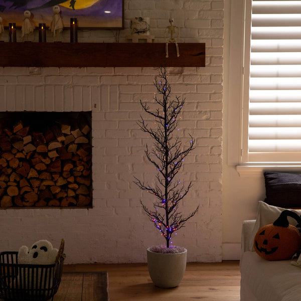5' Pre-Lit Artificial Halloween Black Spooky Twig Tree with 200 Orange & Purple Copper Wire String LED Lights
