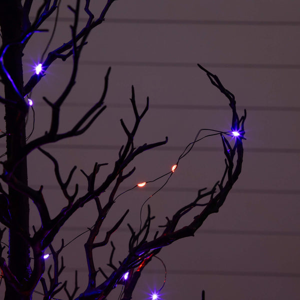 5' Pre-Lit Artificial Halloween Black Spooky Twig Tree with 200 Orange & Purple Copper Wire String LED Lights
