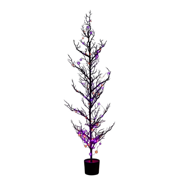 5' Pre-Lit Artificial Halloween Black Spooky Twig Tree with 200 Orange & Purple Copper Wire String LED Lights