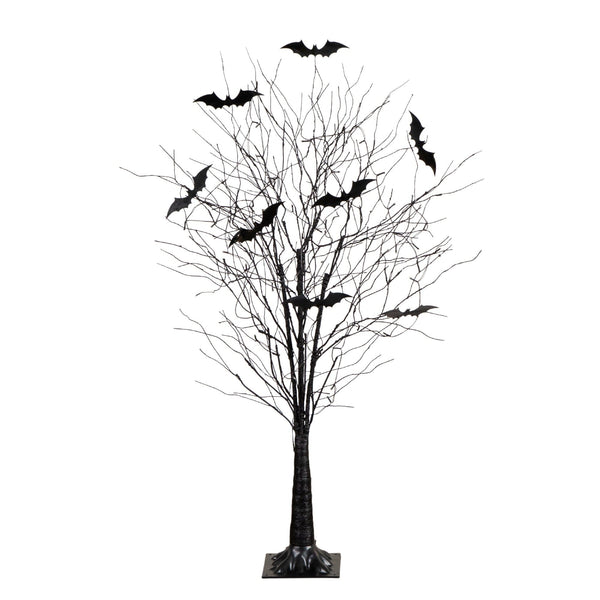 5' Pre-Lit Artificial Halloween Black Twig Tree with Bats and 50 Warm White LED Lights