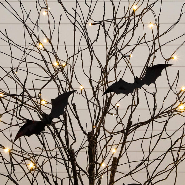 5' Pre-Lit Artificial Halloween Black Twig Tree with Bats and 50 Warm White LED Lights