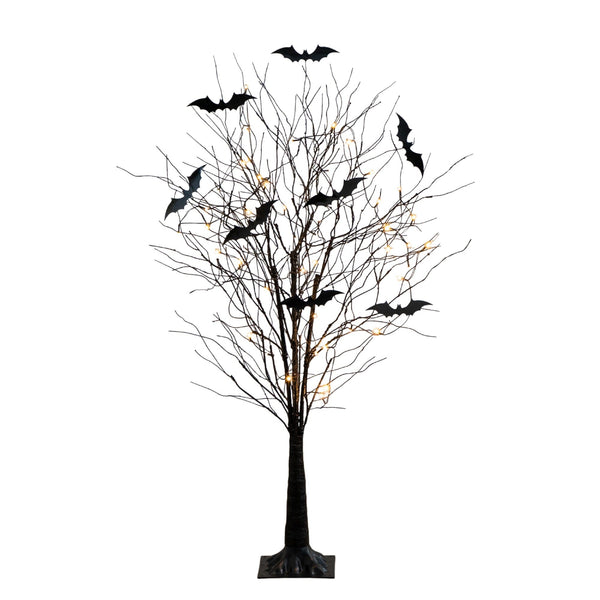 5' Pre-Lit Artificial Halloween Black Twig Tree with Bats and 50 Warm White LED Lights