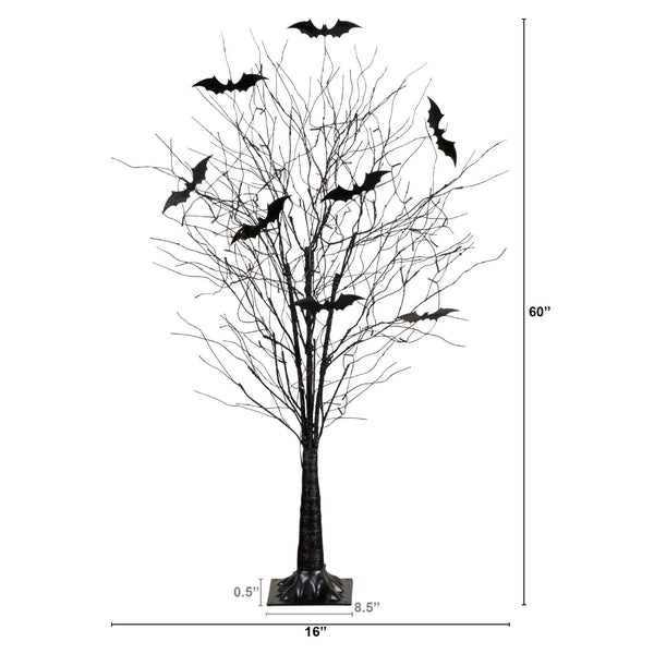 5' Pre-Lit Artificial Halloween Black Twig Tree with Bats and 50 Warm White LED Lights