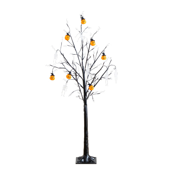 5' Pre-Lit Artificial Halloween Pumpkins and Skulls Ornament Tree with 72 Warm White LED Lights