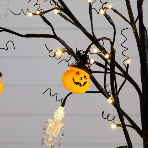 5' Pre-Lit Artificial Halloween Pumpkins and Skulls Ornament Tree with 72 Warm White LED Lights