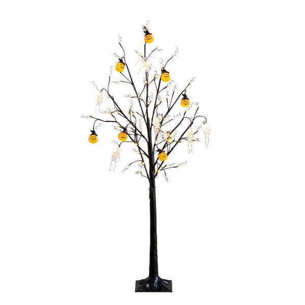 5' Pre-Lit Artificial Halloween Pumpkins and Skulls Ornament Tree with 72 Warm White LED Lights
