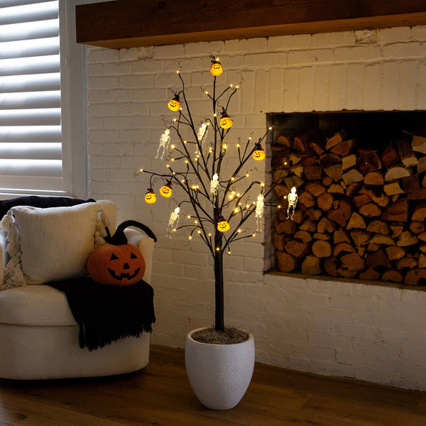 5' Pre-Lit Artificial Halloween Pumpkins and Skulls Ornament Tree with 72 Warm White LED Lights