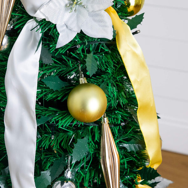 5' Pre-Lit Artificial Pop up Christmas Tree with Gold & Silver Ornaments, Ribbons and 100 Warm White LED Lights