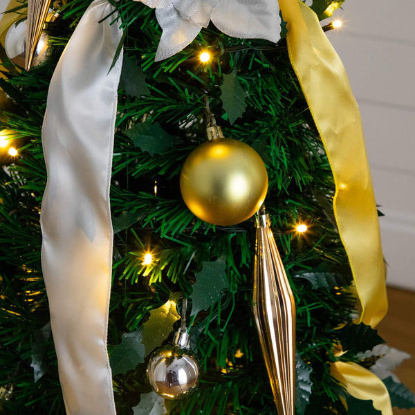 5' Pre-Lit Artificial Pop up Christmas Tree with Gold & Silver Ornaments, Ribbons and 100 Warm White LED Lights