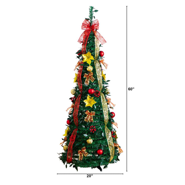 5' Pre-Lit Artificial Pop up Christmas Tree with Red & Gold Ornaments, Ribbons and 100 Warm White LED Lights