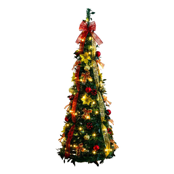 5' Pre-Lit Artificial Pop up Christmas Tree with Red & Gold Ornaments, Ribbons and 100 Warm White LED Lights