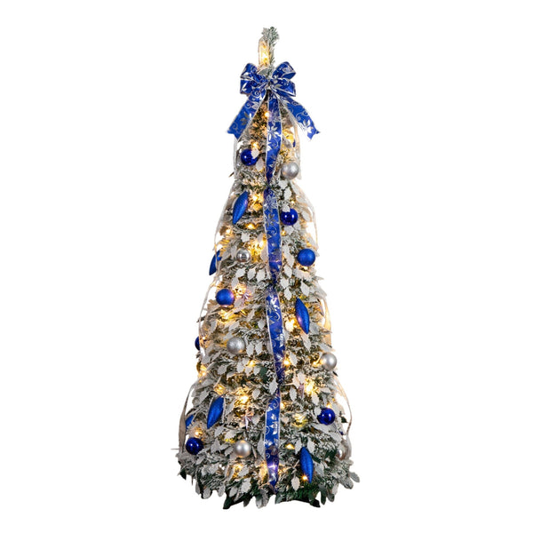 5' Pre-Lit Artificial Pop Up Flocked Christmas Tree with Silver & Blue Ornaments, Ribbons  and 100 Warm White LED Lights