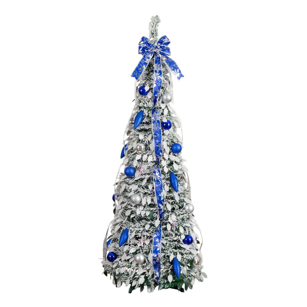 5' Pre-Lit Artificial Pop Up Flocked Christmas Tree with Silver & Blue Ornaments, Ribbons  and 100 Warm White LED Lights