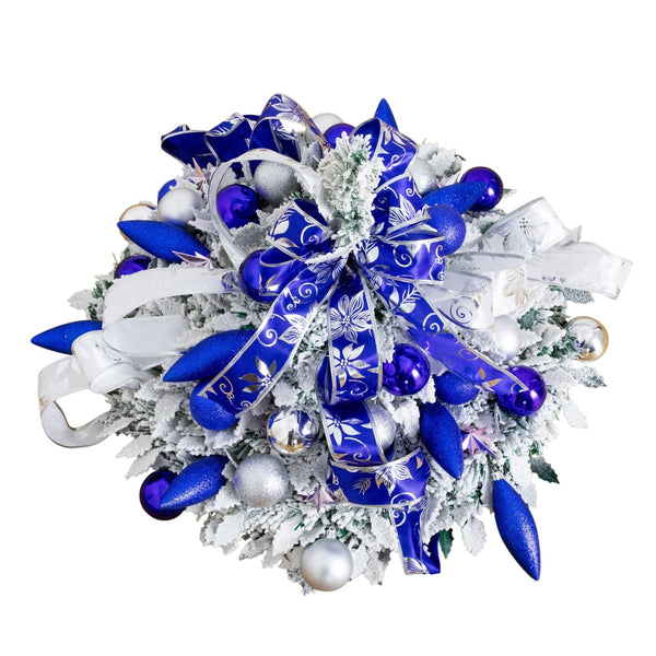 5' Pre-Lit Artificial Pop Up Flocked Christmas Tree with Silver & Blue Ornaments, Ribbons  and 100 Warm White LED Lights