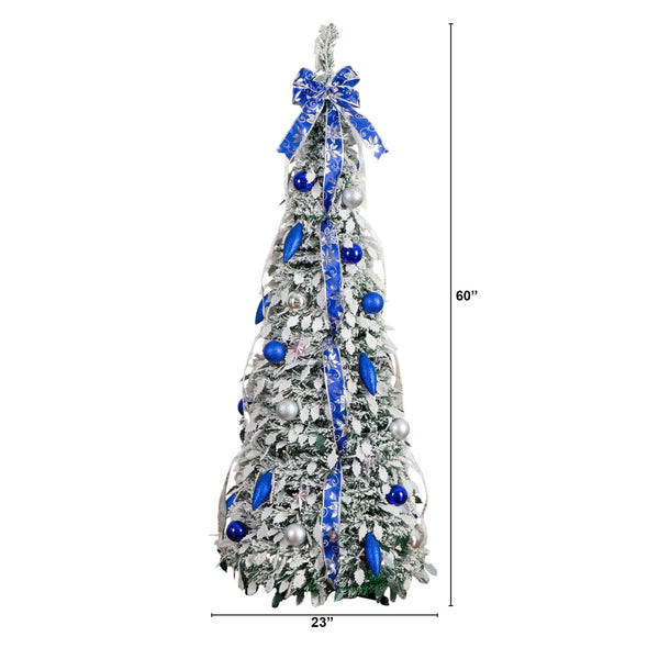 5' Pre-Lit Artificial Pop Up Flocked Christmas Tree with Silver & Blue Ornaments, Ribbons  and 100 Warm White LED Lights