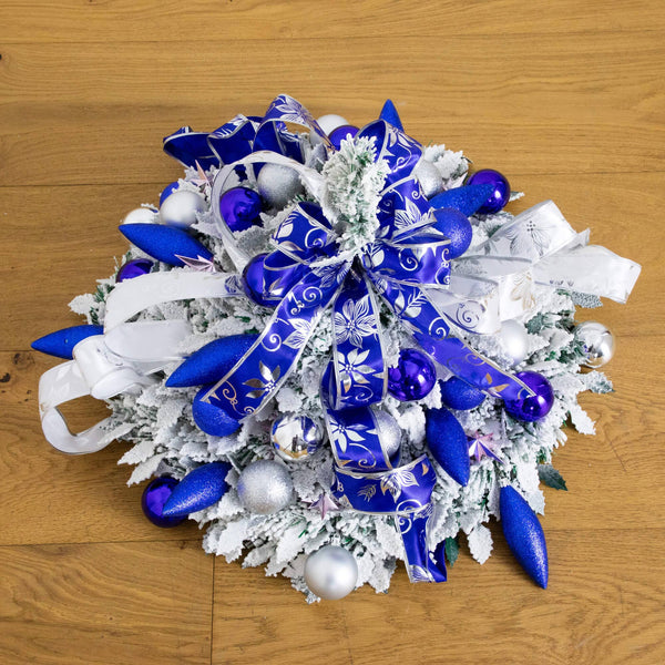 5' Pre-Lit Artificial Pop Up Flocked Christmas Tree with Silver & Blue Ornaments, Ribbons  and 100 Warm White LED Lights