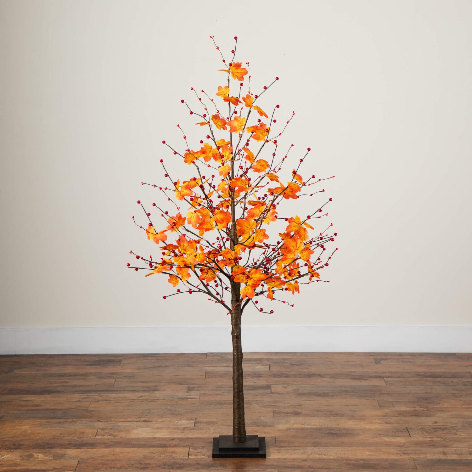 5' Pre-Lit Autumn Maple Artificial Fall Tree with Berries and 96 Warm White LED Lights