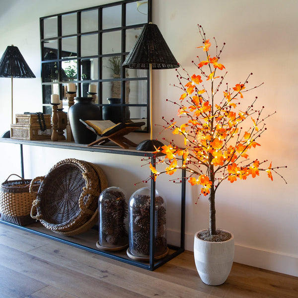 5' Pre-Lit Autumn Maple Artificial Fall Tree with Berries and 96 Warm White LED Lights