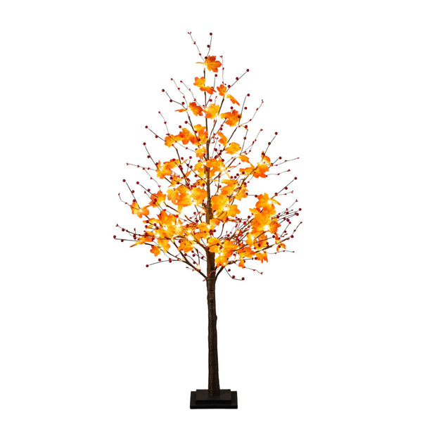 5' Pre-Lit Autumn Maple Artificial Fall Tree with Berries and 96 Warm White LED Lights