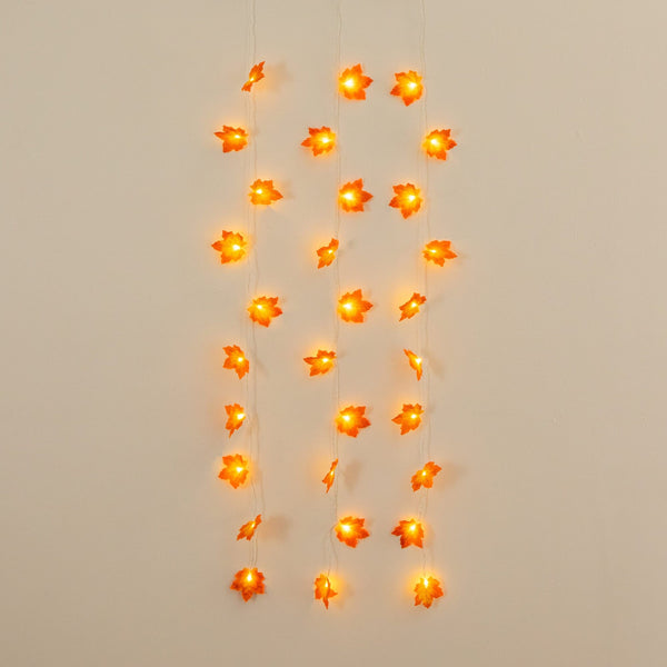 5' Pre-Lit Autumn Maple Leaf Artificial Fall Garland with 10 Warm White LED String Lights - Set of 3