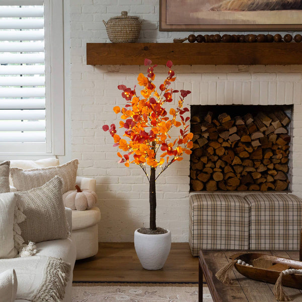 5' Pre-Lit Bright Autumn Eucalyptus Artificial Fall Tree with 300 Warm White LED Lights