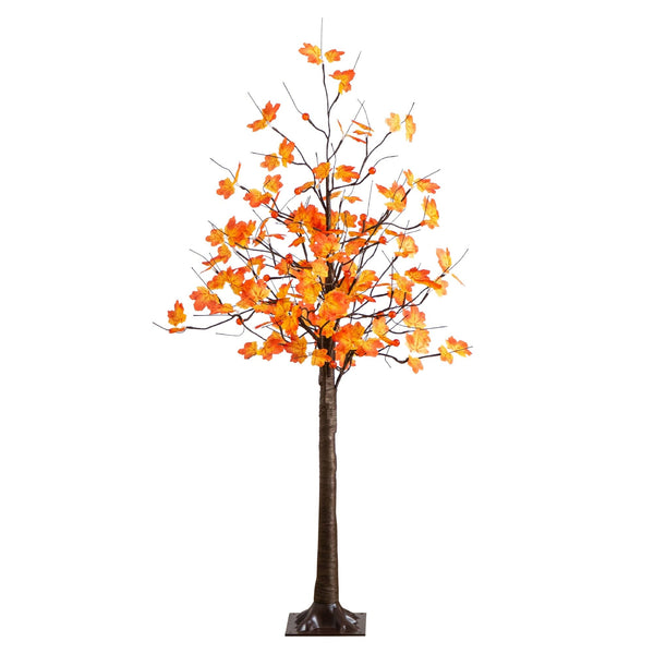 5' Pre-Lit Minimalist Autumn Maple Artificial Fall Tree with 96 LED Warm White & Orange Pumpkin Shaped Lights