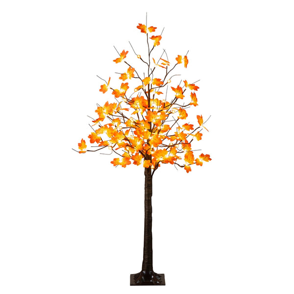 5' Pre-Lit Minimalist Autumn Maple Artificial Fall Tree with 96 LED Warm White & Orange Pumpkin Shaped Lights