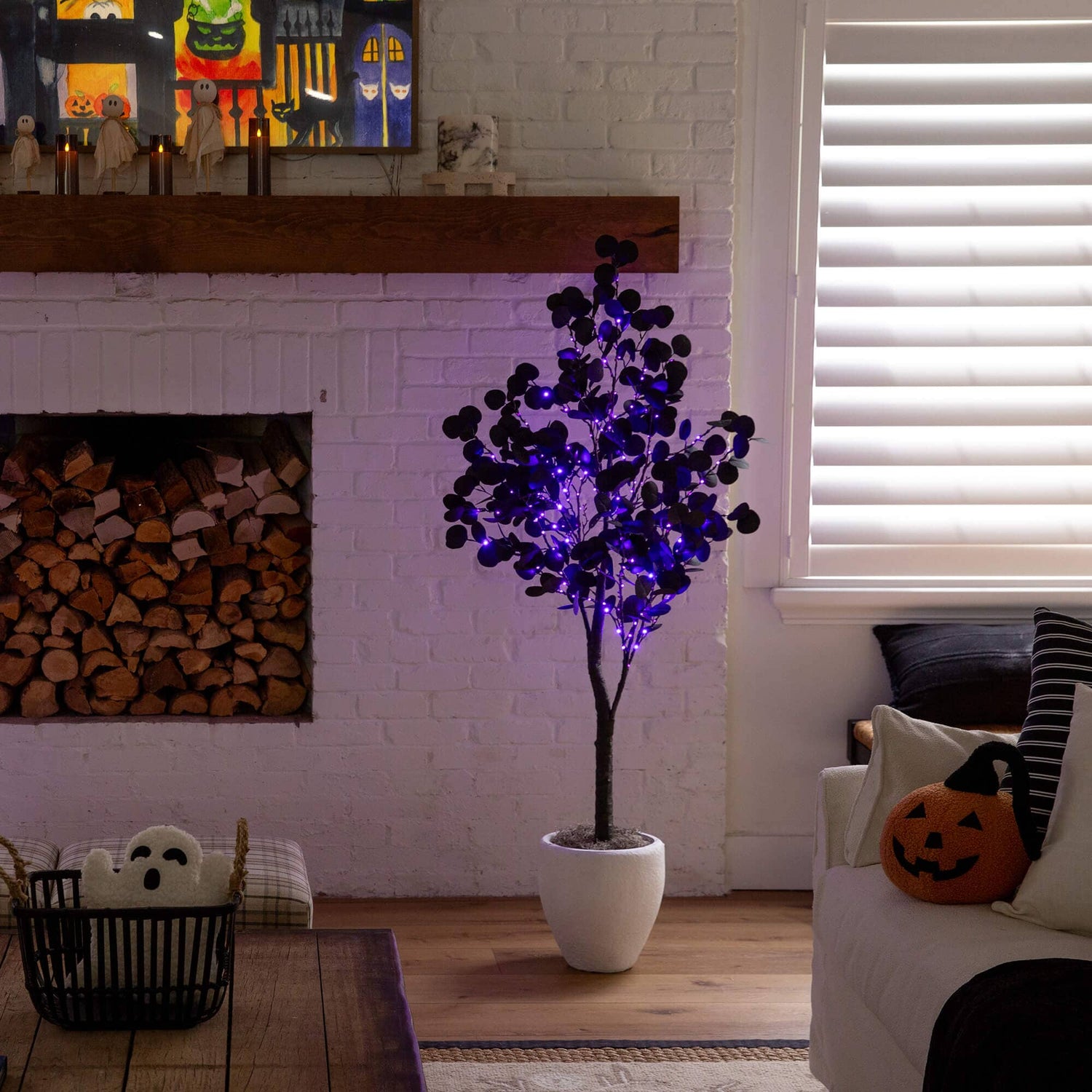 5' Pre-Lit Artificial Halloween Black Eucalyptus Tree with 220 Orange & Purple LED Lights