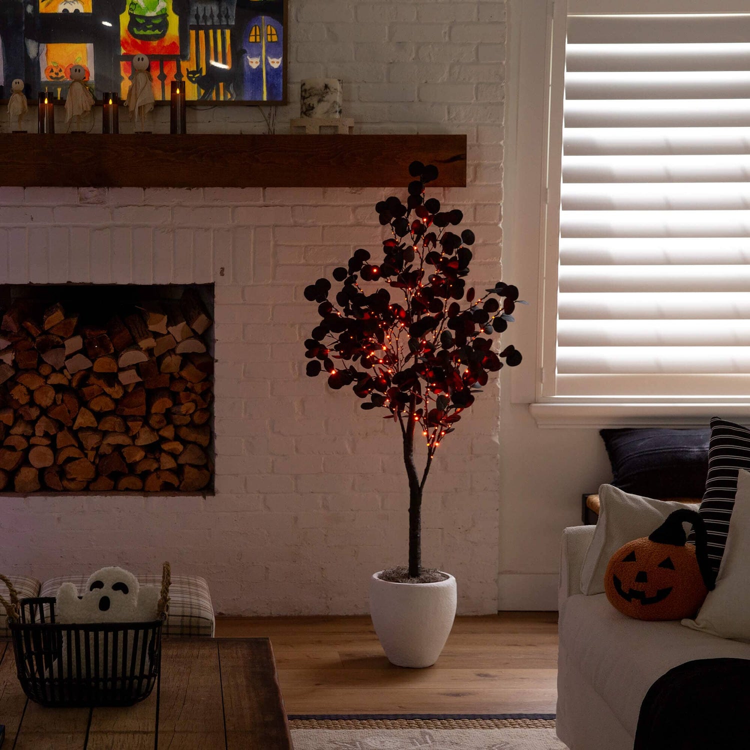 5' Pre-Lit Artificial Halloween Black Eucalyptus Tree with 220 Orange & Purple LED Lights
