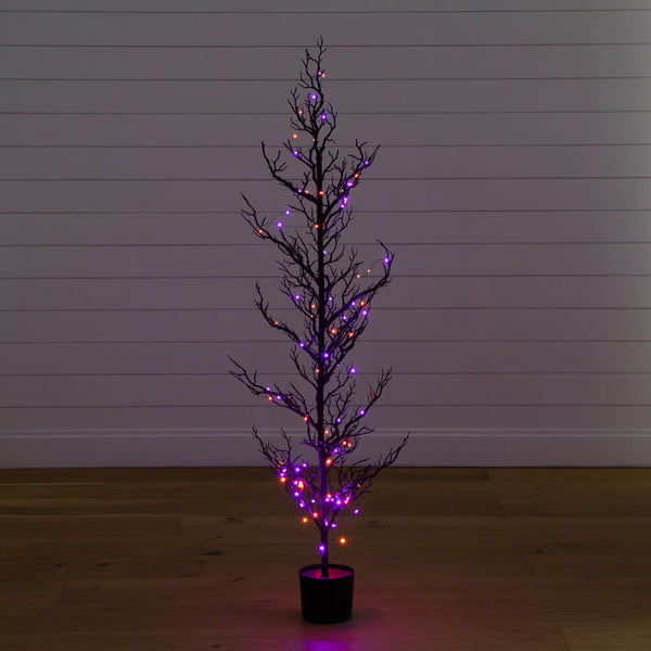 5' Pre-Lit Artificial Halloween Black Spooky Twig Tree with 200 Orange & Purple Copper Wire String LED Lights