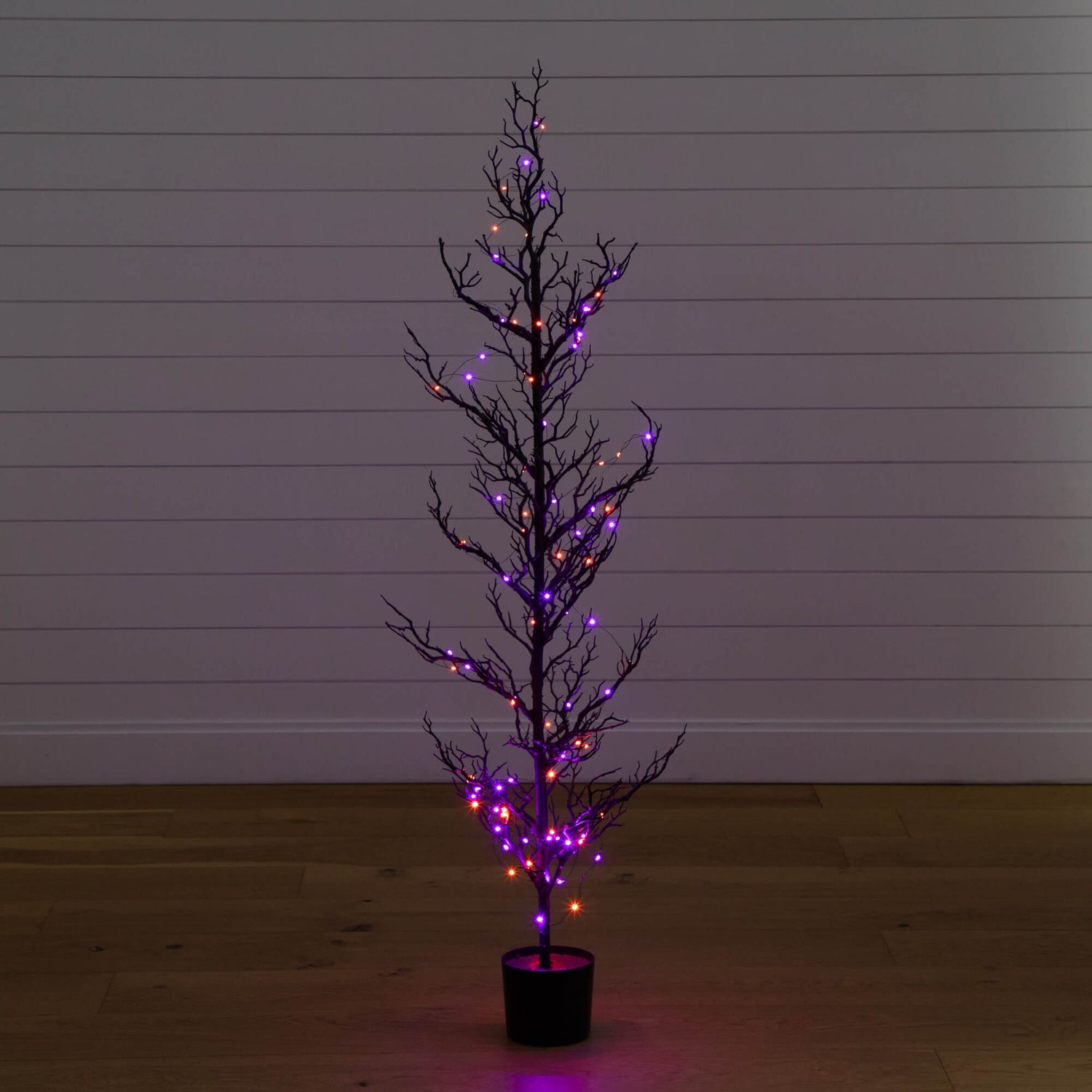 5' Pre-Lit Artificial Halloween Black Spooky Twig Tree with 200 Orange & Purple Copper Wire String LED Lights