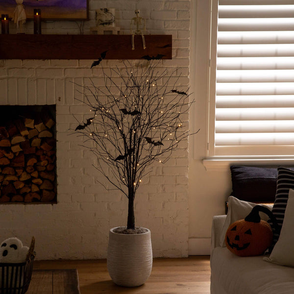 5' Pre-Lit Artificial Halloween Black Twig Tree with Bats and 50 Warm White LED Lights