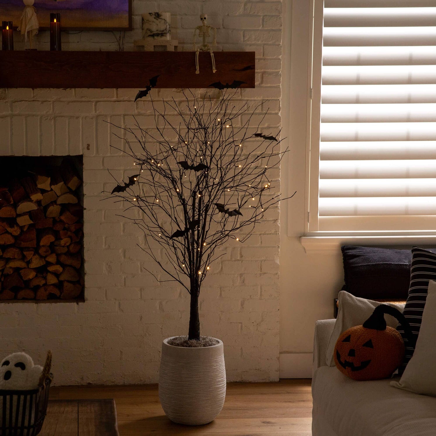 5' Pre-Lit Artificial Halloween Black Twig Tree with Bats and 50 Warm White LED Lights