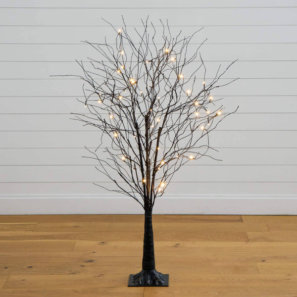 5' Pre-Lit Artificial Halloween Black Twig Tree with Bats and 50 Warm White LED Lights