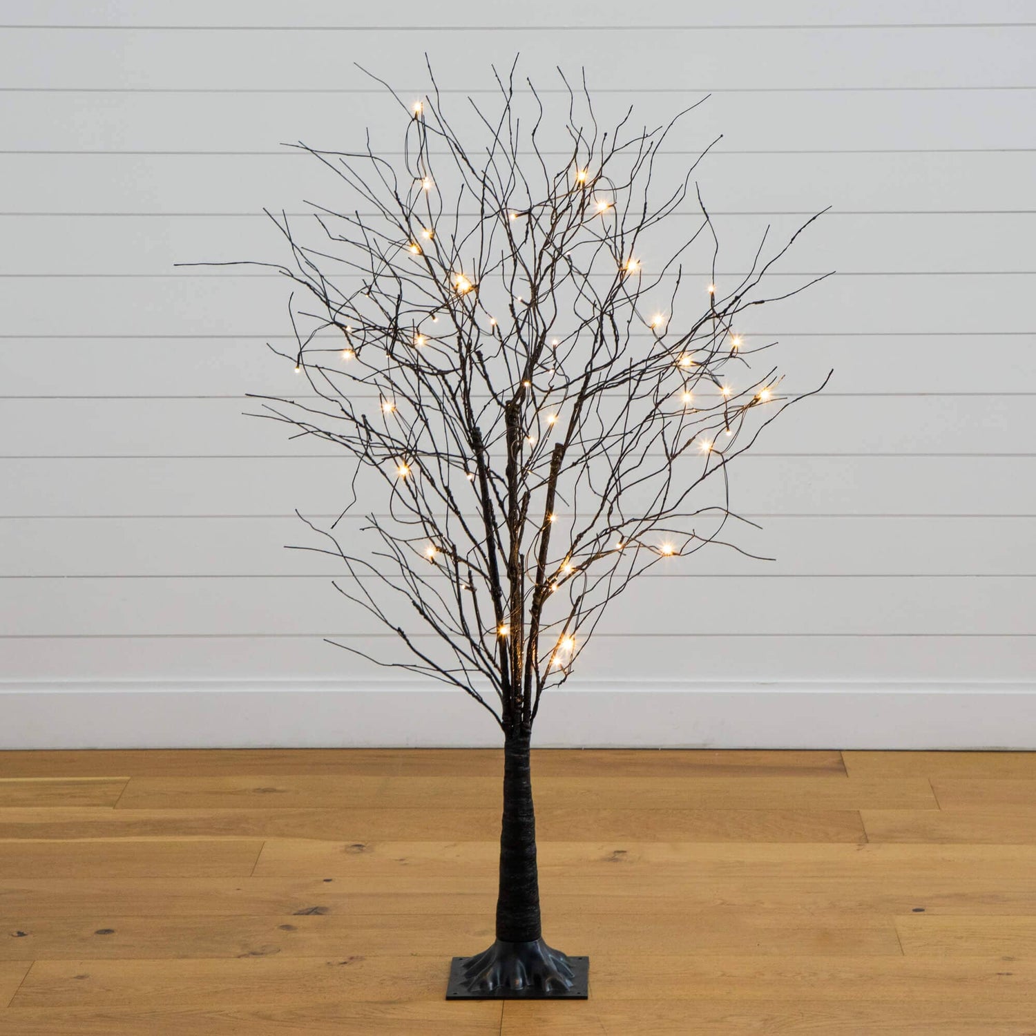 5' Pre-Lit Artificial Halloween Black Twig Tree with Bats and 50 Warm White LED Lights