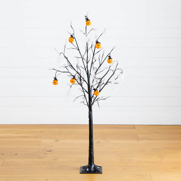 5' Pre-Lit Artificial Halloween Pumpkins and Skulls Ornament Tree with 72 Warm White LED Lights