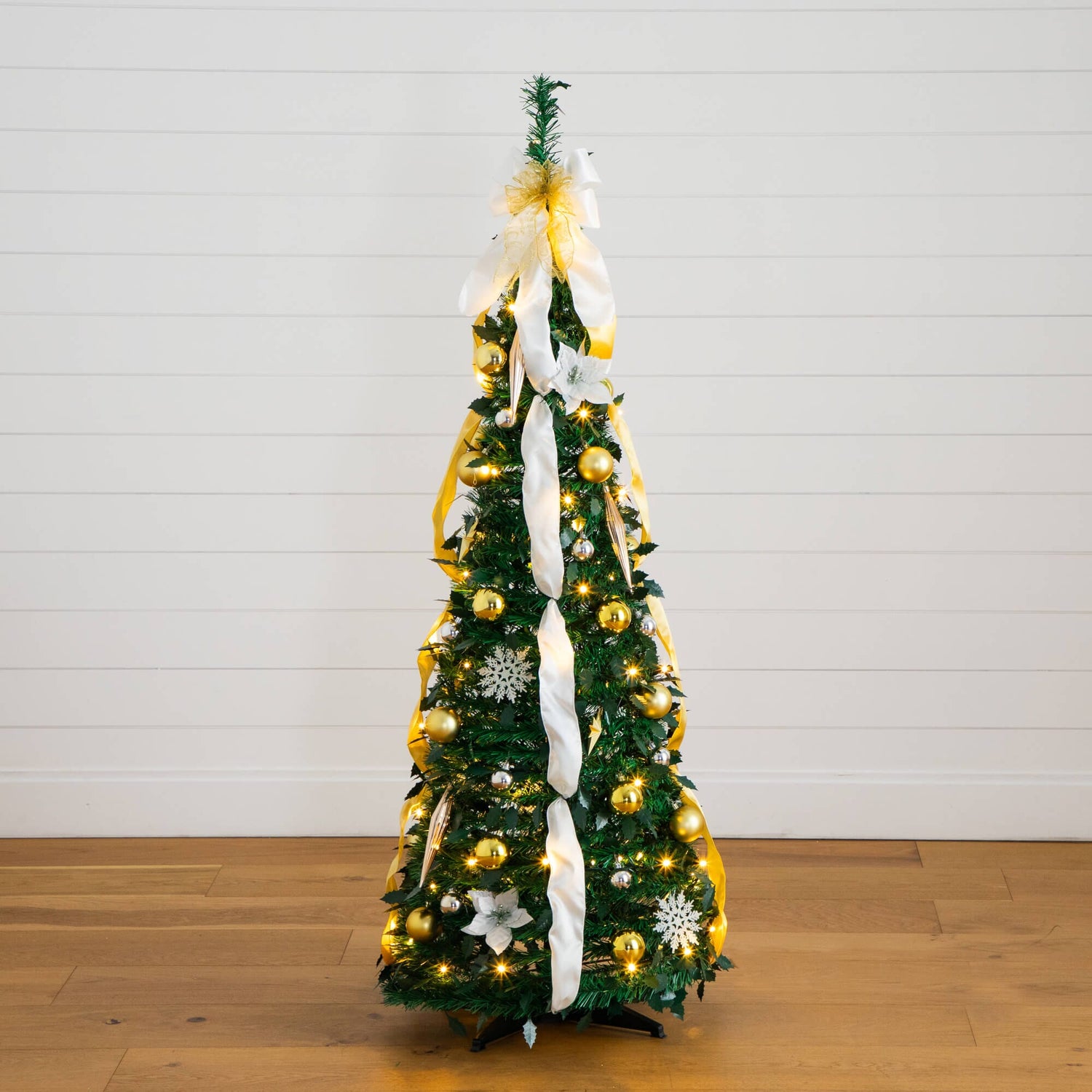 5' Pre-Lit Artificial Pop up Christmas Tree with Gold & Silver Ornaments, Ribbons and 100 Warm White LED Lights