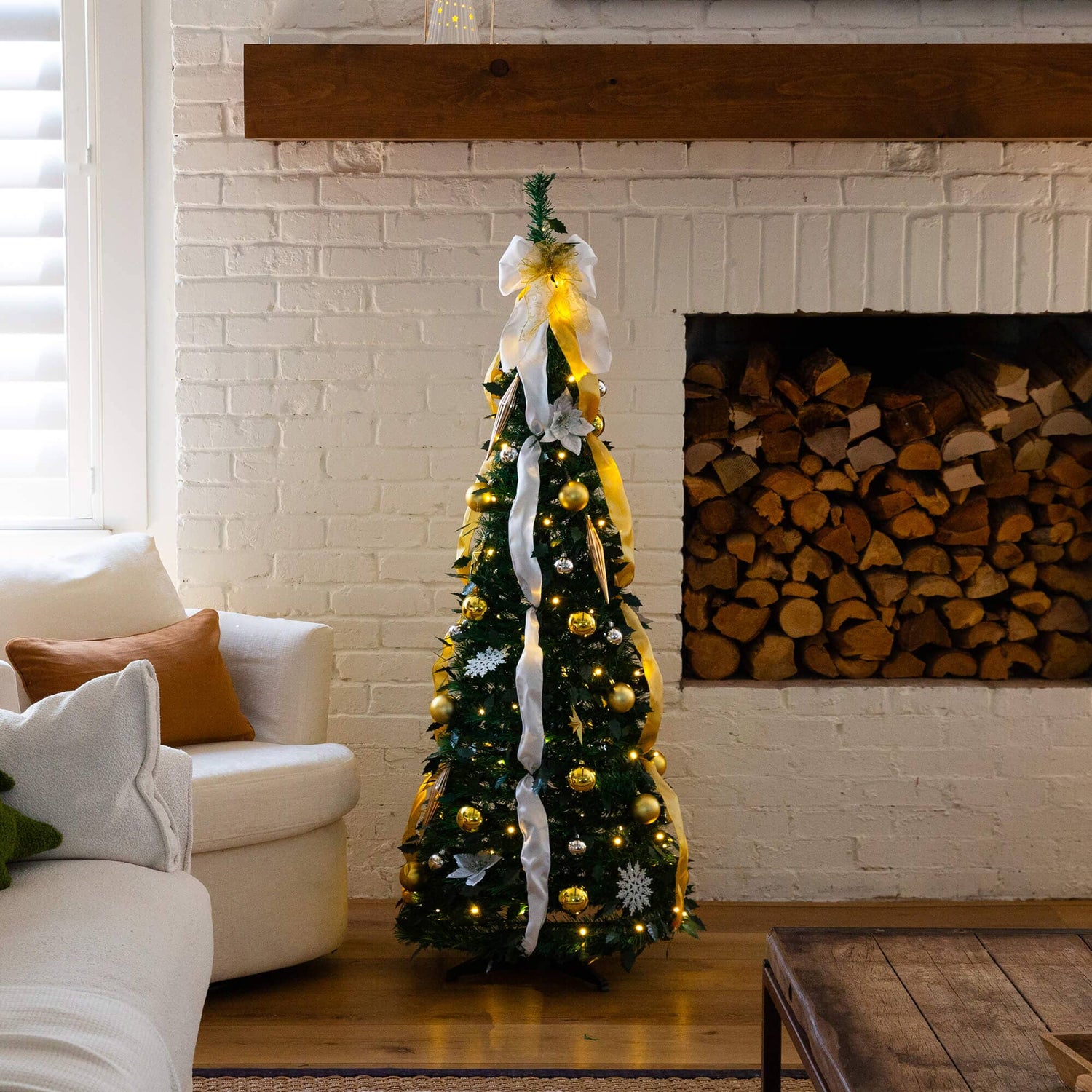 5' Pre-Lit Artificial Pop up Christmas Tree with Gold & Silver Ornaments, Ribbons and 100 Warm White LED Lights