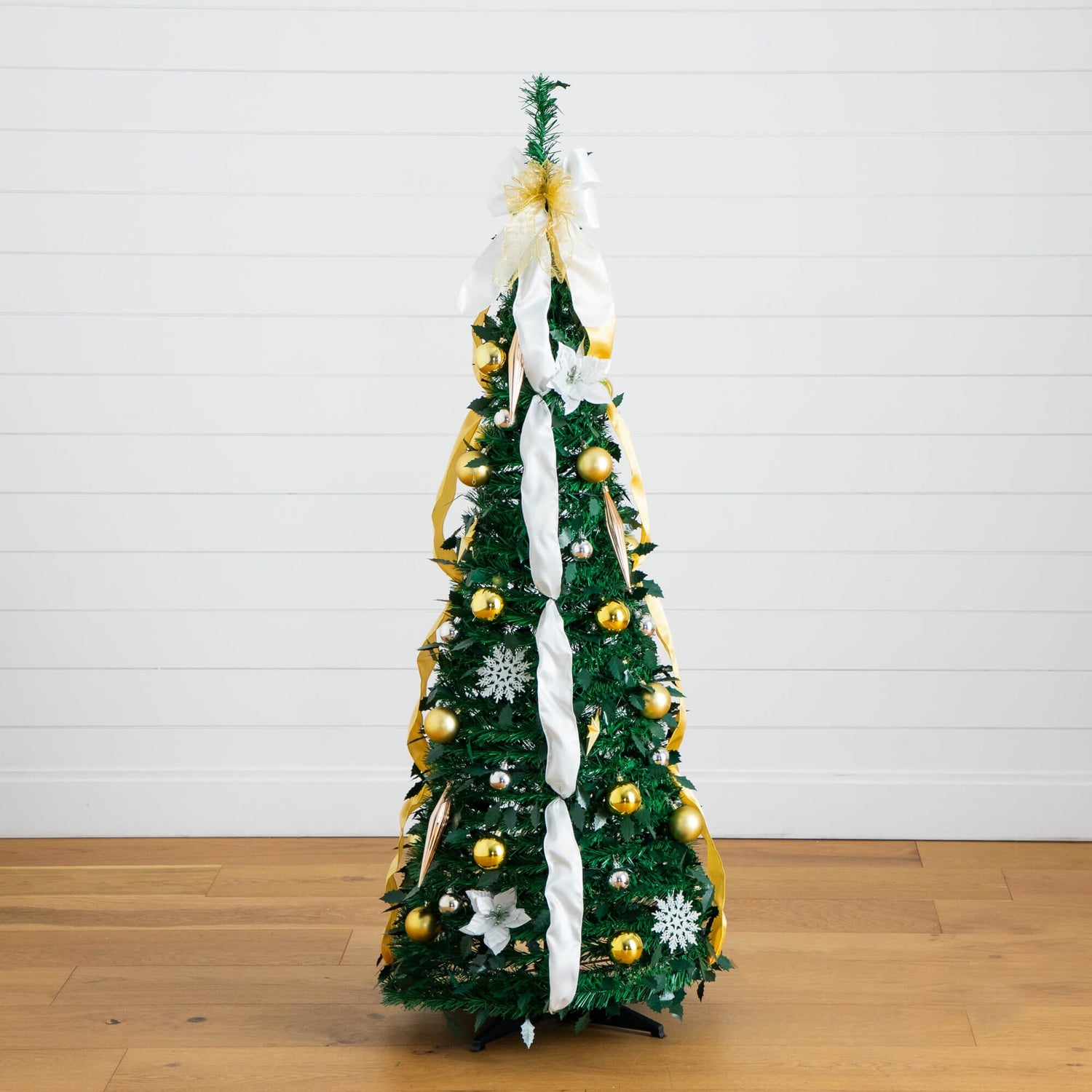 5' Pre-Lit Artificial Pop up Christmas Tree with Gold & Silver Ornaments, Ribbons and 100 Warm White LED Lights