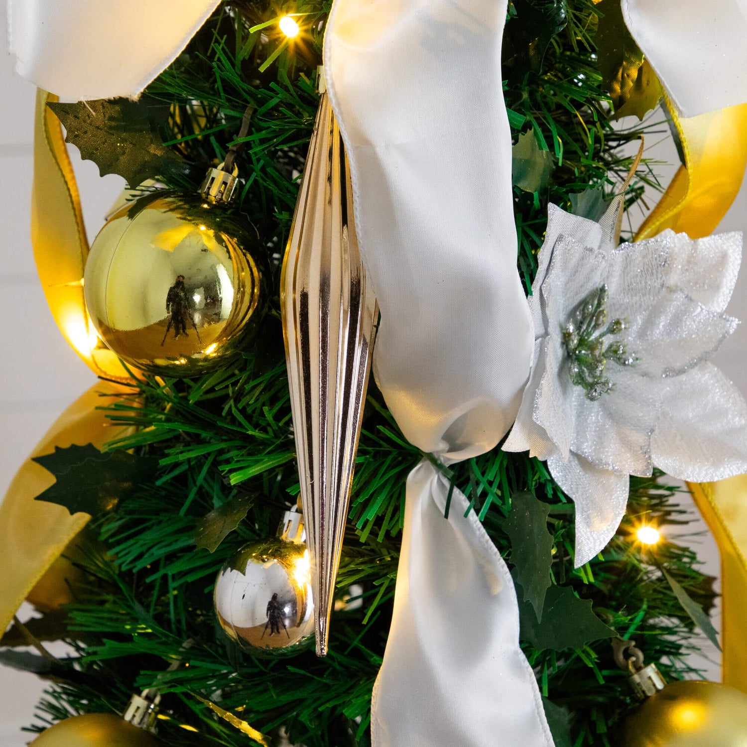 5' Pre-Lit Artificial Pop up Christmas Tree with Gold & Silver Ornaments, Ribbons and 100 Warm White LED Lights