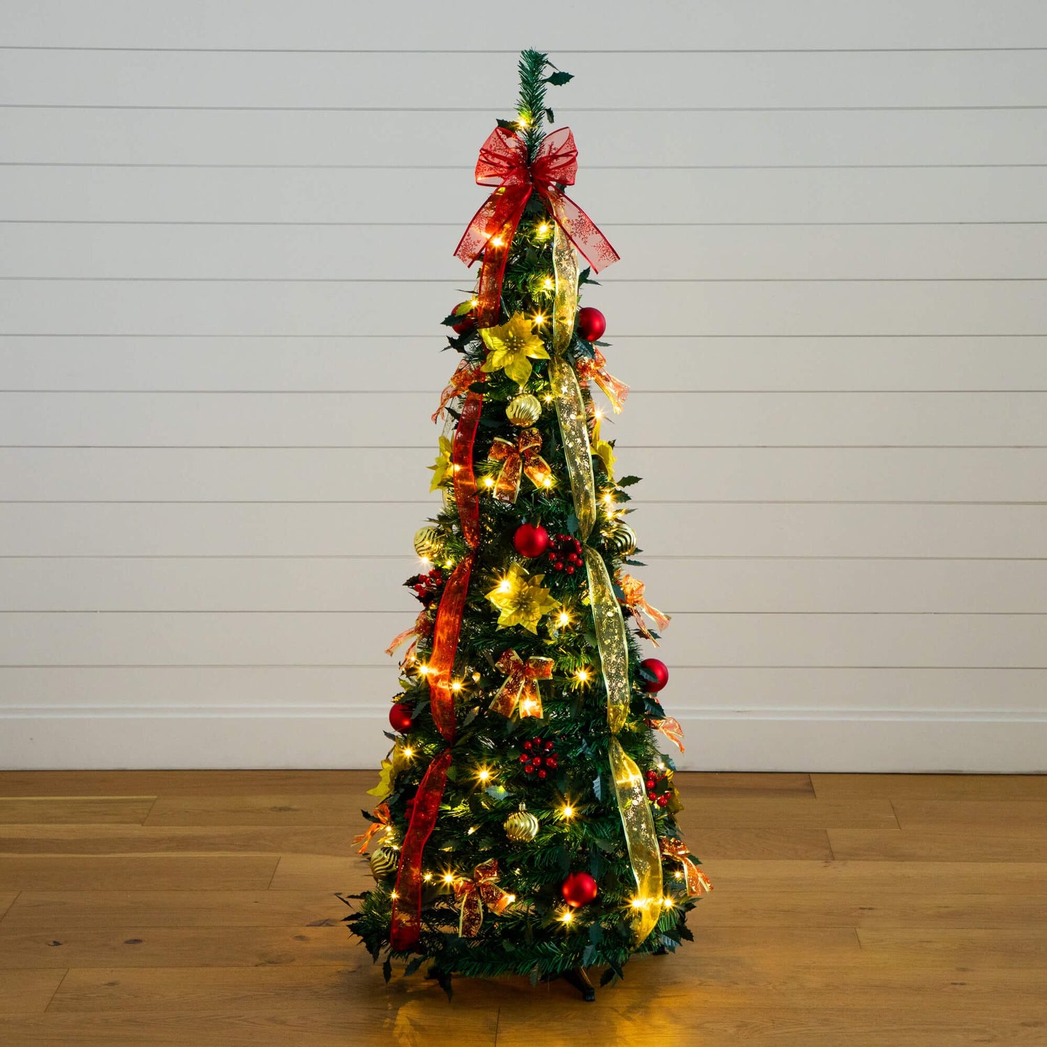 5' Pre-Lit Artificial Pop up Christmas Tree with Red & Gold Ornaments, Ribbons and 100 Warm White LED Lights