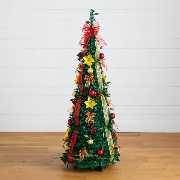 5' Pre-Lit Artificial Pop up Christmas Tree with Red & Gold Ornaments, Ribbons and 100 Warm White LED Lights
