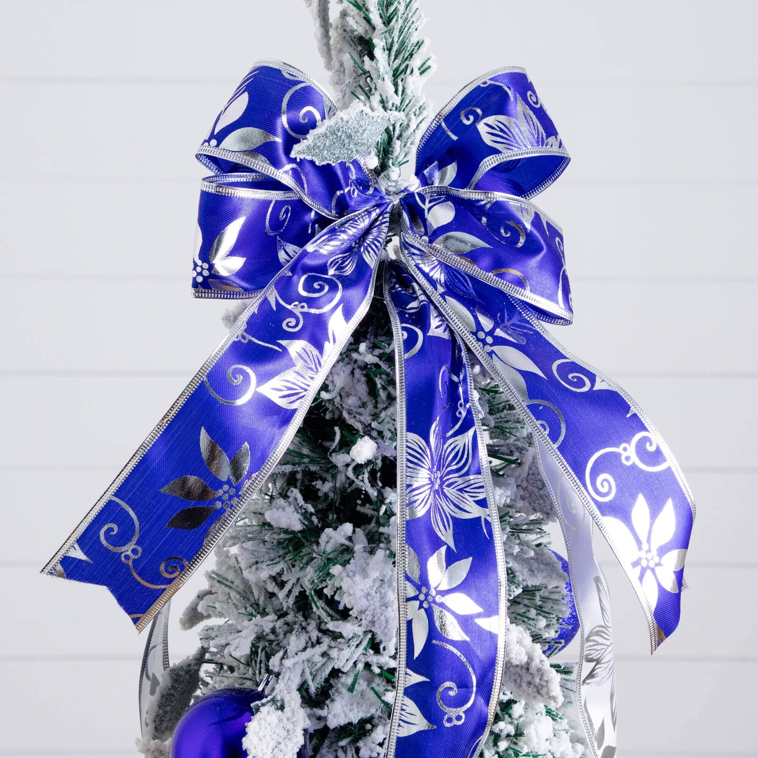5' Pre-Lit Artificial Pop Up Flocked Christmas Tree with Silver & Blue Ornaments, Ribbons  and 100 Warm White LED Lights