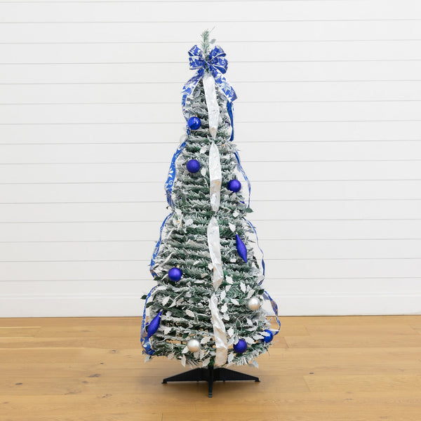 5' Pre-Lit Artificial Pop Up Flocked Christmas Tree with Silver & Blue Ornaments, Ribbons  and 100 Warm White LED Lights