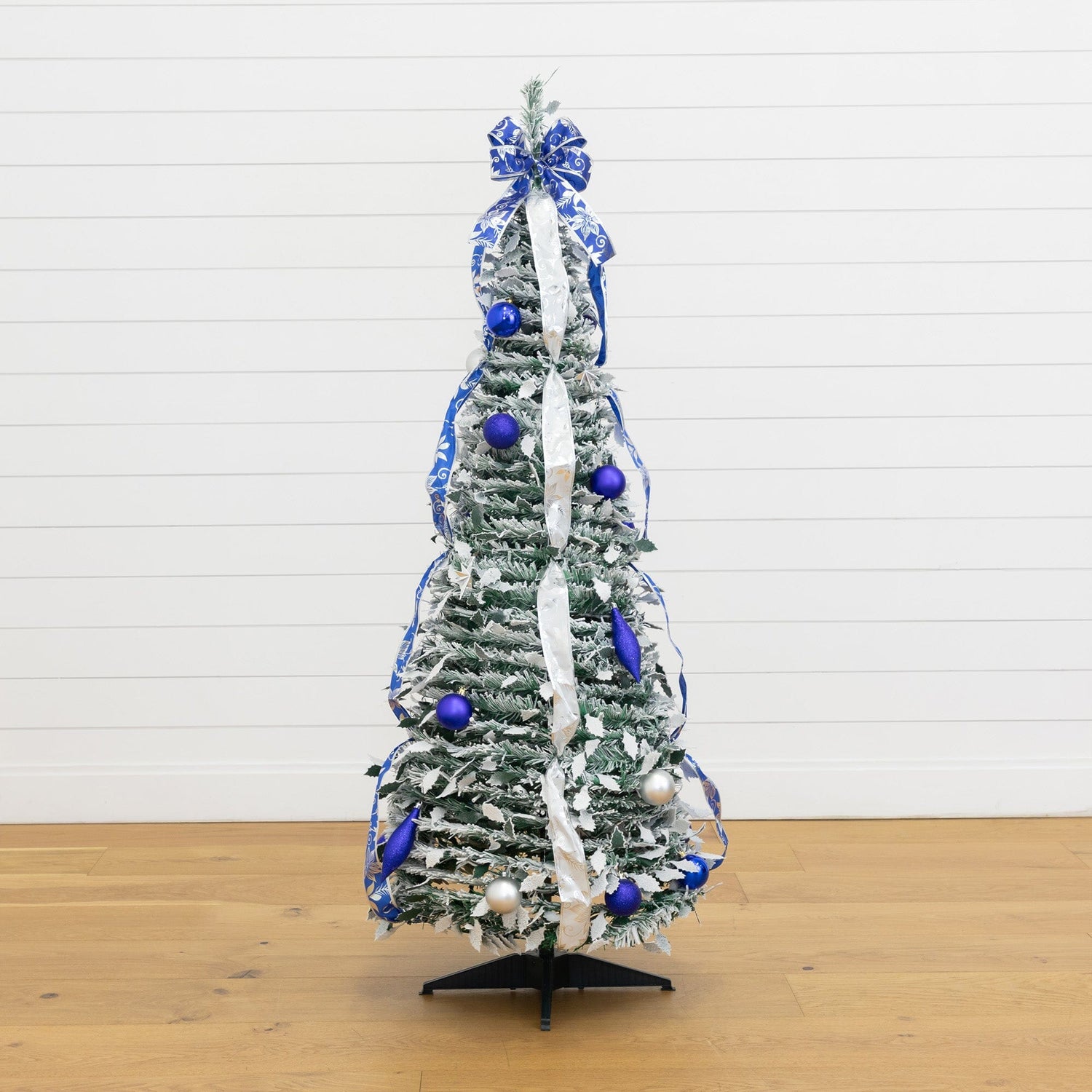 5' Pre-Lit Artificial Pop Up Flocked Christmas Tree with Silver & Blue Ornaments, Ribbons  and 100 Warm White LED Lights
